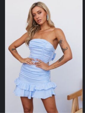 Hello Molly Spaced Out Light Blue Strapless Ruched Ruffle Mini Dress
